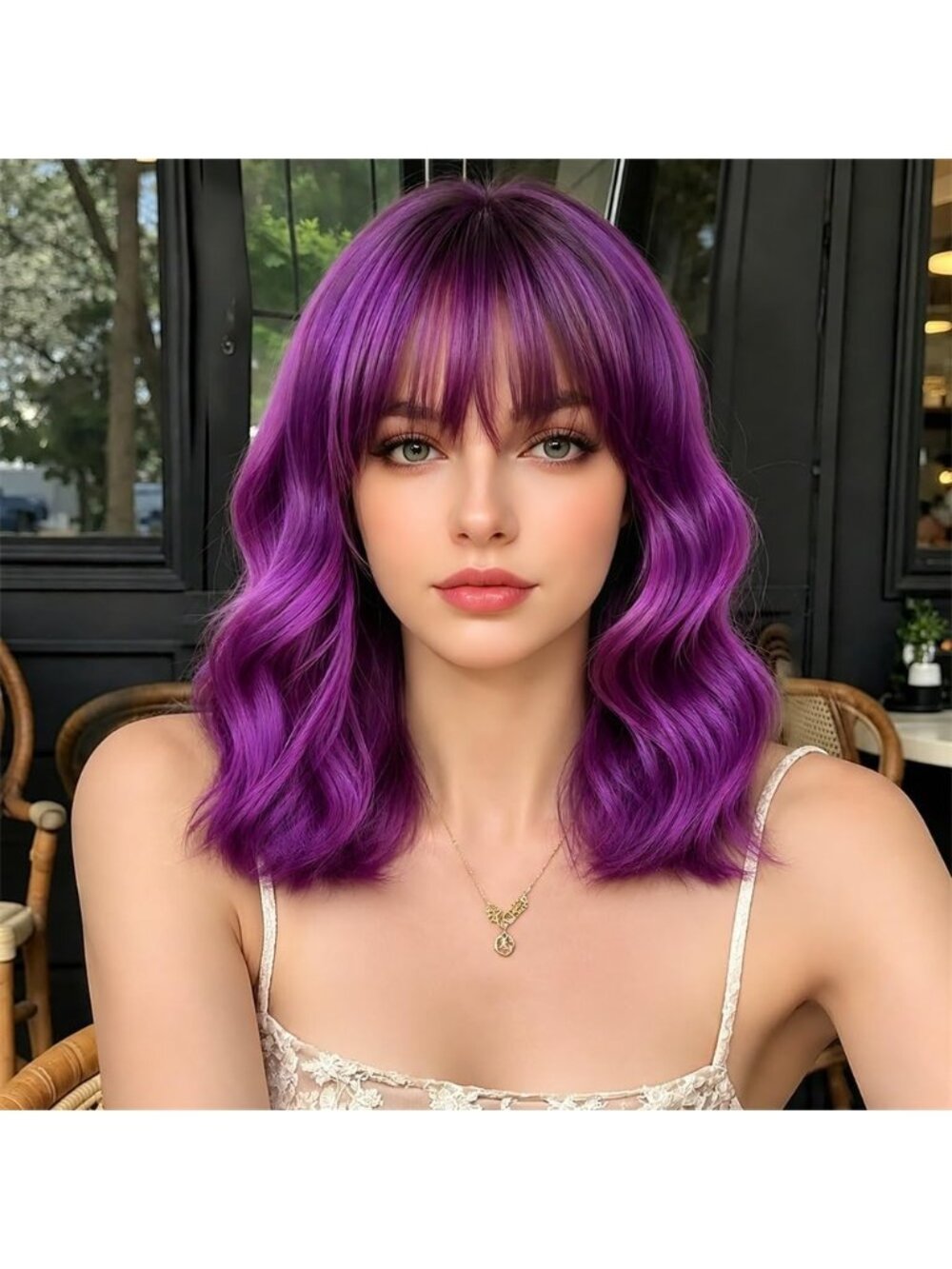 Women's Deep Violet Purple Wavy Synthetic Shoulder Length Sweetie Bob Wig Bangs